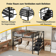 Cama alta, 140x200 cm, estantes, escalera con almacenamiento, espacio libre debajo de la cama para personalizar, barandilla, sin colchón, muebles negros, muebles de dormitorio, cama, estructura de cama y base WX00057
