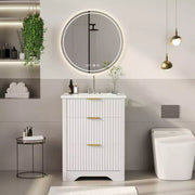 Conjunto de tocador de baño moderno estriado con lavabo de cerámica integrado, mueble de baño independiente con 3 cajones para baño contemporáneo
