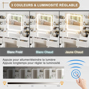 TRIUMPHKEY Tocador Moderno Blanco de Alto Brillo, Espejo LED con Luz Ajustable, Gran Espacio de Almacenamiento, Mesa de Maquillaje con 7 Cajones, 3 Compartimentos, 4 Estantes Abiertos