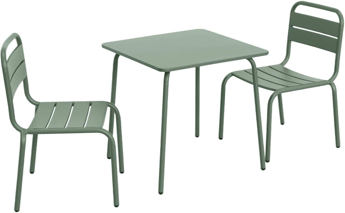 sweeek - Mesa de jardín infantil de metal + 2 sillas gris verdoso Anna. 48x48 cm