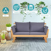 GIANTEX Banco de jardín con función de tumbona, sofá de jardín con reposabrazos plegables, banco de balcón con cojines, banco de exterior de madera de acacia, sofá lounge de 3 plazas, sofá cama para balcón, jardín y terraza | Diseño 3 en 1