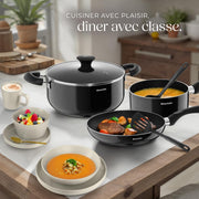 tectake® Set de cocina de 45 piezas, vajilla para 6 personas y batería de cocina, sartenes, ollas, platos llanos, platos hondos, cuencos, tazas, cucharón, espátula, vajilla de gres