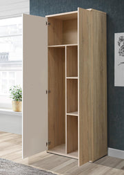 FORTE NET106 Armario 70 180, armario multiusos pequeño, armario para aspiradora, trastero, 2 puertas con estantes, blanco con decoración de madera: roble Sonoma, 69 cm de ancho x 179 cm de alto x 35 cm de profundidad