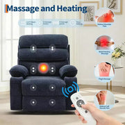 Sillón reclinable mecedor con masaje y calefacción, silla reclinable giratoria de 360 grados para adultos, silla de guardería de lino con bolsillo lateral y dos portavasos