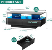 Mesa de centro YITAHOME negra, mesa de salón de alto brillo con iluminación LED de 16 colores moderna, mesa auxiliar negra con estante abierto y 4 cajones extraíbles 90x55x41,1 cm