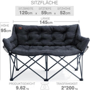 EVER ADVANCED Silla de camping plegable, 145 cm de ancho para 2 personas, sofá plegable con capacidad de 400 kg, sofá de camping acolchado grueso, silla plegable de 2 plazas, respaldo alto, extra ancha para exteriores, jardín, balcón e interiores