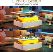 Mesa de centro elevable YITAHOME, mesa de salón de alto brillo con tablero elevable, mesa de centro para sala de estar con LED de 16 colores, estilo moderno y 2 cajones