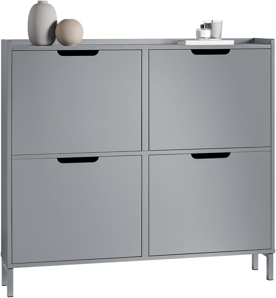 SoBuy Zapatero estrecho con 4 puertas abatibles, mueble zapatero alto y compacto, armario para zapatos con 4 estantes, organizador cerrado para recibidor, pasillo y vestíbulo, 100x91x19cm, Gris claro FSR100-HG