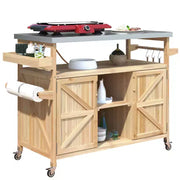 Isla de cocina para exteriores con cubierta de acero inoxidable, carrito de cocina de madera con puertas, estantes y especiero, isla de cocina con ruedas