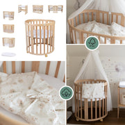 Cuna ovalada evolutiva Waldin, set completo 7 en 1, cuna de barrotes, cama infantil con colchón, cambiador, cuna colecho, madera blanca