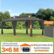 Pabellón de jardín Devoko 3x6, impermeable, estable, resistente al invierno, cenador de lujo, protección UV 50+, pabellón de barbacoa de doble capa con paredes laterales para 10-20 personas, carpa de fiesta para ocio, fiestas, gris con LED