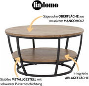 Mesa de centro Gianna, redonda 86 cm, mesa de salón, mesa auxiliar, tablero de madera de mango, estructura de metal con recubrimiento en polvo negro, con estante adicional, robusta, de fácil mantenimiento