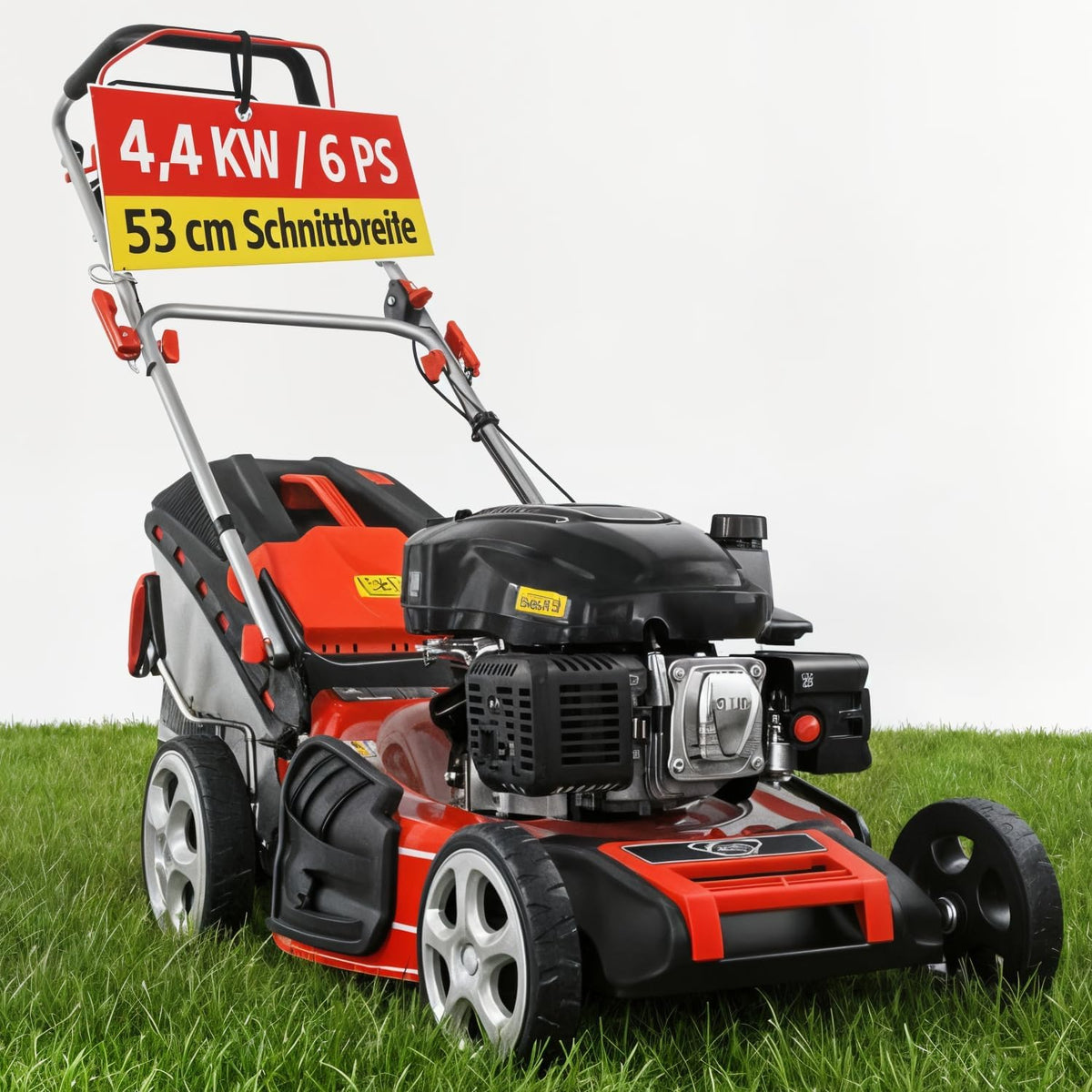 Cortacésped de gasolina 5 en 1 HECHT: potente motor Eco de 4 tiempos de 4,4 kW (6,0 CV), arranque por cuerda, 53 cm de ancho de corte, recogedor de 75 l, tracción a las ruedas, ruedas patentadas, EasyClean, función de mulching