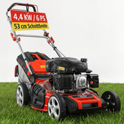 Cortacésped de gasolina 5 en 1 HECHT: potente motor Eco de 4 tiempos de 4,4 kW (6,0 CV), arranque por cuerda, 53 cm de ancho de corte, recogedor de 75 l, tracción a las ruedas, ruedas patentadas, EasyClean, función de mulching