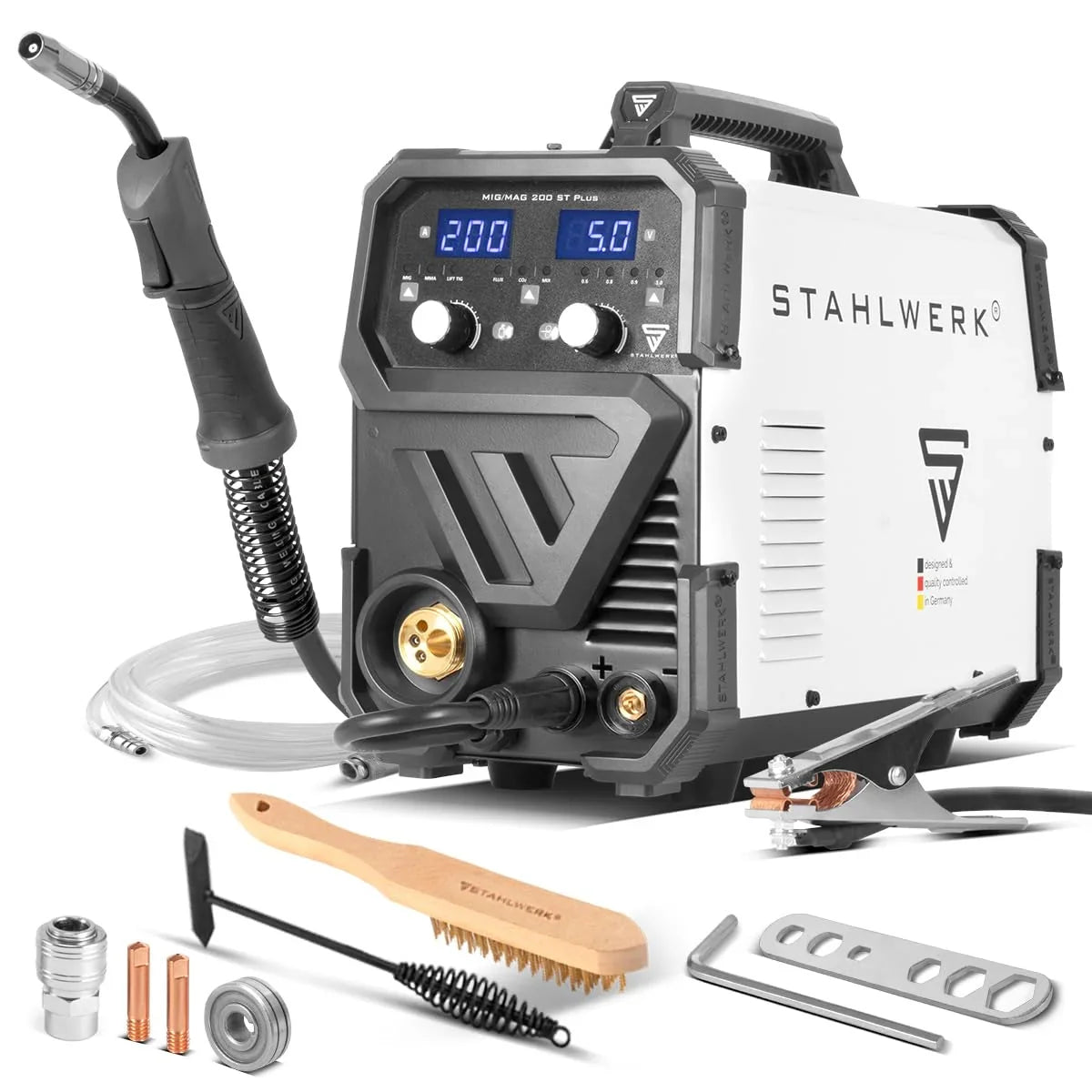 Soldadora MIG/MAG 200 ST con gas de protección, inversor IGBT, 200 A, alimentación de hilo sinérgica, FLUX, Lift TIG, MMA