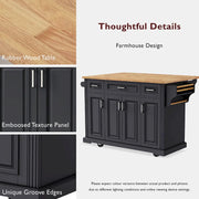 54 Isla de cocina grande con ala abatible de madera de caucho, carro de cocina rodante con textura repujada sobre 4 ruedas con 4 puertas y 3 cajones
