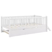 Estructura de cama individual con nido y barandilla, cama de plataforma de perfil bajo con escaleras para niños y niñas