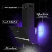 Campana extractora KKT KOLBE 80 cm | 782 m³/h recirculación extracción | Inclinada | Campana de pared | Cristal negro | Smart WiFi App WLAN | Iluminación LED RGBW | EASY8005SM