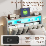 Cama abatible 90x200 cm con LED y puertos USB, cabecero con almacenamiento, cama individual con somier de láminas, fácil de montar, para adultos y adolescentes, terciopelo (gris, 90x200 cm)