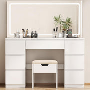 TRIUMPHKEY Tocador con espejo y taburete, mesa de maquillaje con espejo LED de gran formato con brillo ajustable, 7 cajones y toma de corriente, mueble para el hogar, blanco