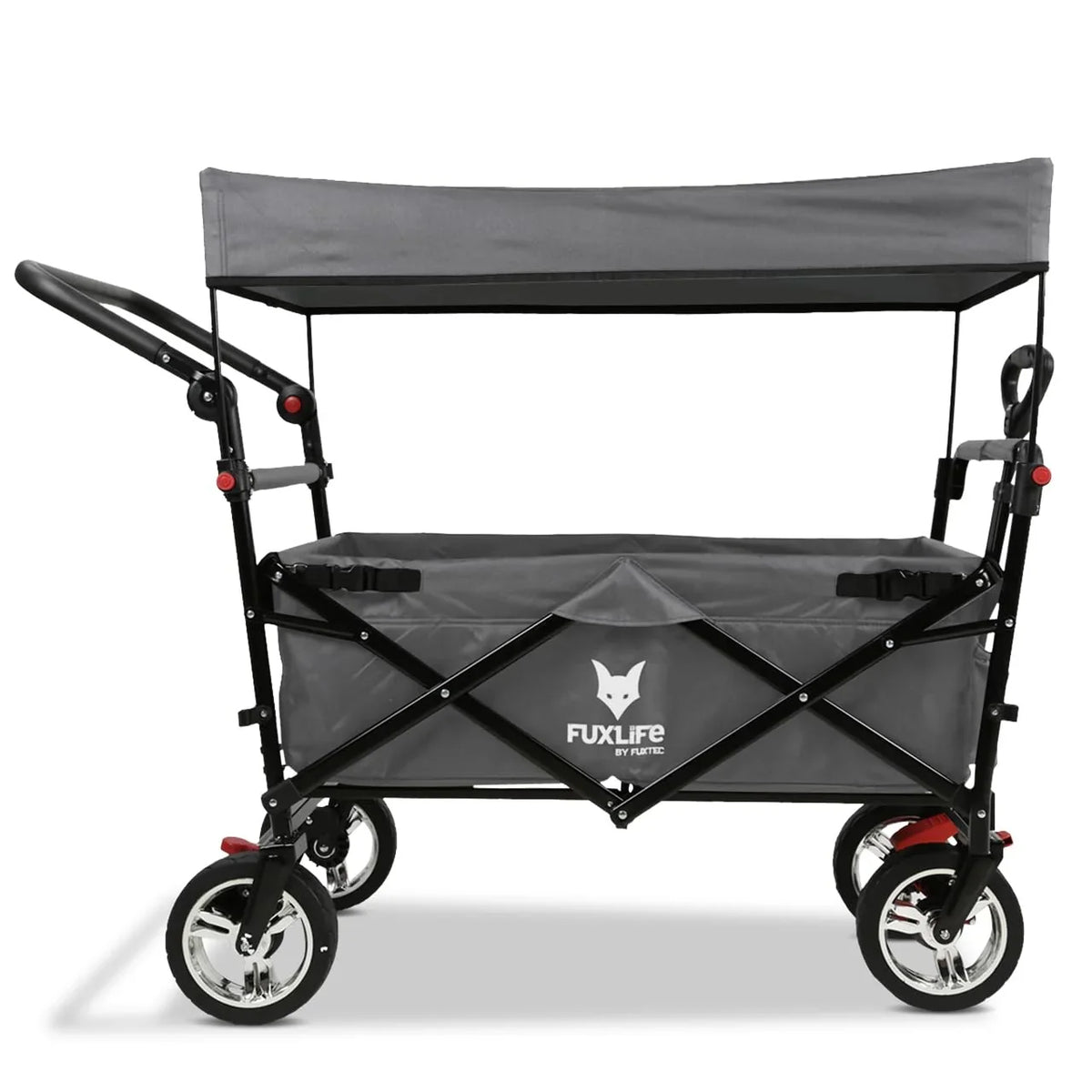 Carrito de mano plegable y compacto Fuxtec FX-CT700 gris, con frenos, asiento acolchado, mango ajustable en altura, para excursiones
