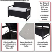 Banco de jardín Mendler Poly-Rattan 2 plazas HWC-F39AM, banco arcón, compartimento de almacenamiento con cojín - gris, cojines negros