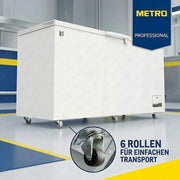 METRO Professional Arcón congelador GHF2500, 500 L, 125 W, congelador horizontal, 2 cestas de almacenamiento, cerradura de puerta, alarma de temperatura, ruedas, blanco