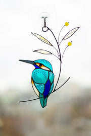 Adorno de ventana de vitral de martín pescador para papá | Regalo de pájaro colorido
