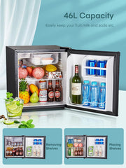 FOHERE Mininevera 46L, Frigorífico pequeño con termostato ajustable, ahorro de energía, silencioso, puerta reversible, minibar, adecuado para el hogar y la oficina, dormitorio, hotel, acero inoxidable