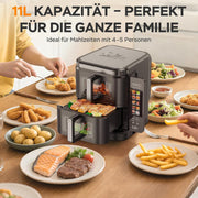 COBNN Freidora de aire vertical de doble compartimento, 11L Dual Zone Airfryer con pantalla a color plegable, 10 programas, ventana de visualización, material ignífugo V0, 2800W