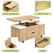 Mesa de centro elevable moderna multifuncional Zeus & Ruta con almacenamiento oculto, 4 taburetes y ruedas, perfecta para espacios modernos