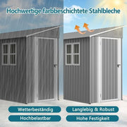 Cobertizo de metal para herramientas de 4 x 10 pies, diseño adosado, caseta con ventana y techo inclinado, cobertizo de acero resistente a la intemperie como garaje para 2-3 bicicletas, arcón para cubos de basura y caseta de jardín, con cerradura, gris
