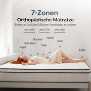Colchón 140x200 cm, altura 25 cm, colchón ortopédico de muelles ensacados de 7 zonas con capa de espuma viscoelástica, grado de firmeza H3, ergonómico para aliviar la espalda