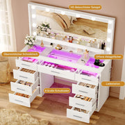 Tocador TEENFON con espejo LED grande, tocador con superficie de cristal, luz RGB, 9 cajones, estantes colgantes, 2 tomas de corriente: iluminación de 3 colores regulable, blanco