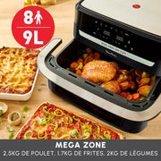 LOTE Freidora de aire Moulinex Flex 2 zonas 9L, separador extraíble EZ9228F0, negro + 2 moldes para pasteles Tefal especiales para freidora de aire J176S204