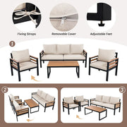 Conjunto de sofá para exterior de 4 piezas para 5 personas con mesa de centro de madera maciza y cojines extraíbles