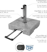 Base de granito con ruedas Doppler de 45 kg | Soporte para sombrillas con un diámetro máximo de 250 cm y un diámetro de tubo de 3,2-6,0 cm | Base para sombrilla con asa extensible