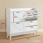 Zapatero CASABEL con 4 trampones, frentes con patrón de cruz, blanco, diseño funcional, gran capacidad para 24 pares, mueble práctico para recibidor o salón, 114x24x83 cm