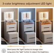 Tocador 3 en 1 con taburete, mesa de maquillaje con espejo abatible, superficie de cristal visible, cómoda de 3 cajones con iluminación LED, pequeño juego de tocador para dormitorio
