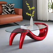 Mesa de centro abstracta moderna con base de metal y cubierta de cristal ovalada