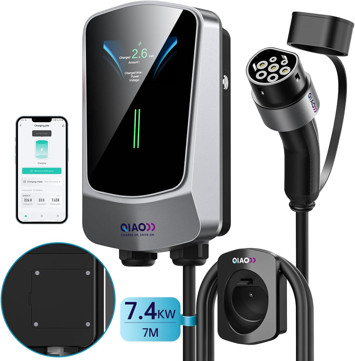 QIAO)) Cargador de vehículo eléctrico de 7,4 kW tipo 2 con cable de carga de 7 m, aplicación inteligente, pantalla LCD de 4,3", estación de carga para coche eléctrico de hasta 32 A, cargador tipo wallbox para montaje en pared con soporte para cable EV