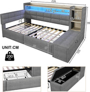 Cama nido, sofá cama, 90 × 190 cm, con dos cajones, puertos USB y tipo C, compartimento de almacenamiento, banco de almacenaje a los pies de la cama, tira de luz LED, sin colchón, terciopelo, gris oscuro