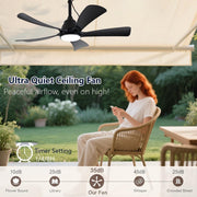 Ventilador de techo para exteriores con luz IP65 resistente al agua, 106 cm, silencioso, con iluminación y mando a distancia, regulable, 6 velocidades, temporizador, lámpara con ventilador para terraza y cenador, negro