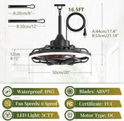 Ventilador de techo para exteriores KZT con iluminación, resistente al agua IP65, lámpara de techo con ventilador, mando a distancia, silencioso, 6 velocidades, regulable, para terrazas, cenadores y jardines.