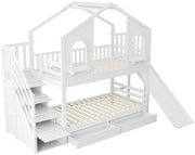 Cuna litera 90x200, cama alta en forma de casa con tobogán, escalera de almacenamiento, 2 cajones, ventanas y tejado, litera cama doble de madera con somier y protección anticaídas, pino, sin colchón, blanco