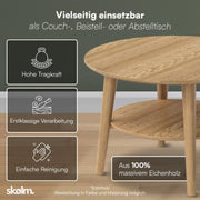 Mesa de centro redonda skølm Mjölnir Ø70 cm – Mesa de salón de madera maciza de roble – Mesa de sofá con 2 estantes – Mesa auxiliar pequeña con acabado de aceite natural – Mesa de madera para salón con espacio de almacenamiento – Coffee Table