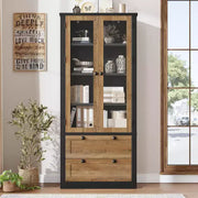 Alacena de cocina estilo granja con puertas de vidrio, armario de almacenamiento de 72 pulgadas con cajones y estantes ajustables para comedor, baño y sala de estar