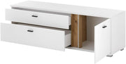 Set de muebles de salón Lomadox de 4 piezas, color blanco y roble, estilo moderno: 1 vitrina, 1 armario alto, 1 mueble bajo, 1 estante de pared, incl. iluminación LED