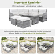 Conjunto de sofá seccional de ratán para exteriores con mesa ajustable y sillones reclinables