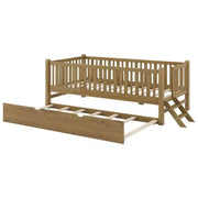 Estructura de cama individual con nido y barandilla, cama de plataforma de perfil bajo con escaleras para niños y niñas
